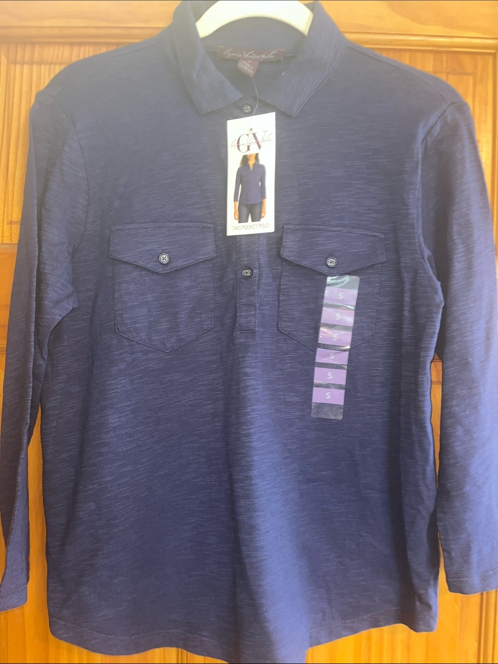 Gloria Vanderbilt Navy Long-Sleeve Pocket Polo